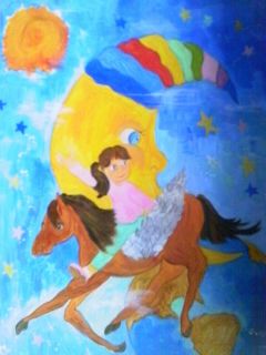 Original Canvas Painting The Horse Flew Over The Moon Girls Wall Art