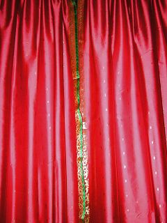 These Fire Brick Red silk sari Window curtains with Green golden