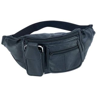 Black Solid Leather Waist Fanny Pack 6 Pocket Travel Belt Bag