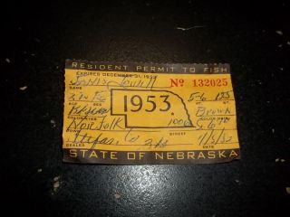 Fishing License Vintage 1953 State of Nebraska Resident Permit to Fish