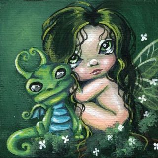  Painting Green Dragon Forest Fairy Whimsical Fantasy Art OOAK