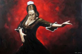 Spanish Flamenco Dancer Brunette Traditional Dance 24x36 Oil on Canvas