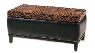 Brown Tiger Print Large Storage Ottoman Bench Black Faux Leather