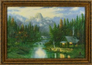  in The Woods Forest Waterfall Mountain Lake Framed Oil Painting