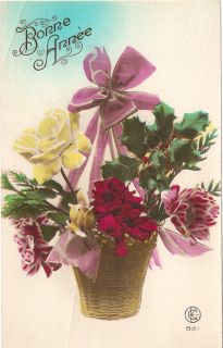Winter Flower Arrangement with Holly Vintage French Christmas Postcard