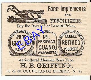 Very Old 1875 Griffing Fertilizers Farm Implements Ad
