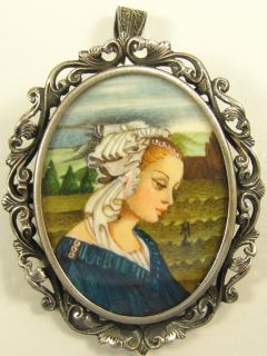 Antique Coin Silver Brooch Pendant Hand Painted Rendition Madonna