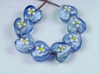 lampwork glass foil periwinkle heart beads 15mmg