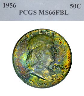 1956 P FRANKLIN PCGS MS 66 FBL CAC STICKER RAINBOW COLOR TONED