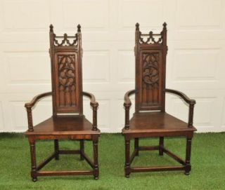 description matching pair of french gothic arm chairs in oak 19th