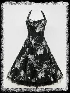  Black Halterneck Floral 50s Rockabilly Swing Prom Vintage Dress