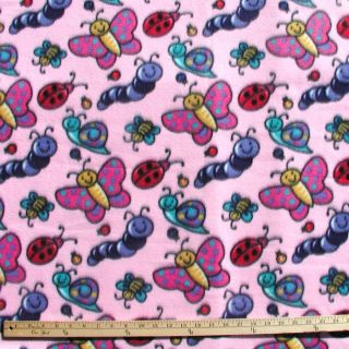  Snails Lady Bugs on Pink Polar Fleece Fabric by The Yard