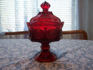 Ruby Red Fostoria Glass Coin Dot Candy Dish Jar Compote Urn
