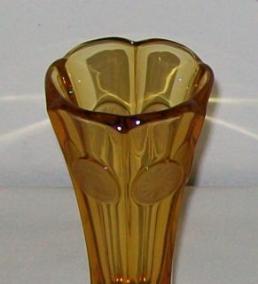 Amber Coin bud vase by Fostoria. Hexagonal with scalloped top rim, 8