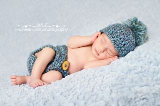 Photography Prop   Newborn Baby Diaper Cover & Hat Set Blue   Handmade