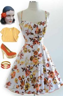 50s Style Orange Rose Florals Bombshell Pinup Sun Dress with Rouched