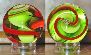 Signed FRITZ GLASS 1 Light Green & Red Ribbon Art Glass Marble