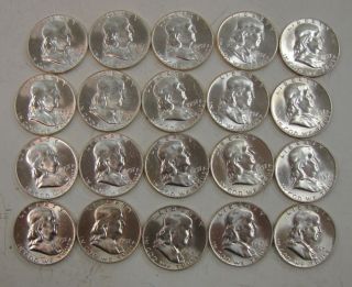 20 1957 US Franklin Silver Half Dollar Coin Lot UNC $10 Silver Face 1