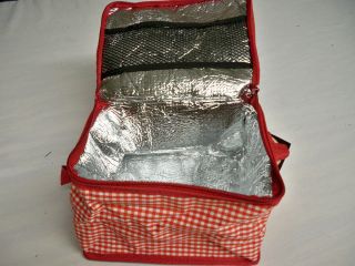 Insulated Picnic Lunch Food Drink Bag Red Check Large Size with Carry