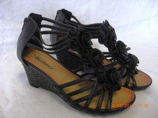  Womens Black Flower Design Ankle Zipper Gladiator Wedge Sandals
