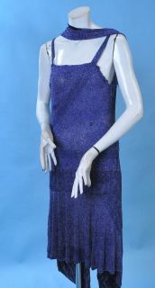 1920 Fluid Shades of Blue Bead Encrusted Deco Dance Gown w Velvet