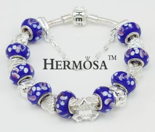  Gift Hermosa Elegant Purple Murano Bead Crystal Frog Silver Bracelet 8