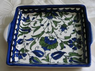 Armenian Style Square Snack Plate Green Flowers With Handles