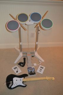 Nintendo Wii Rock Band Game w Wireless Guitar Kit Drums Mic Set Bundle