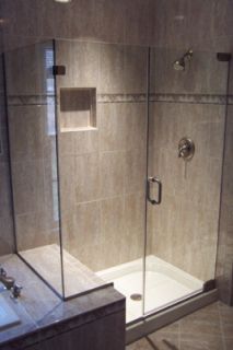 Frameless shower door and panels for L angle shower 3 8 GLASS
