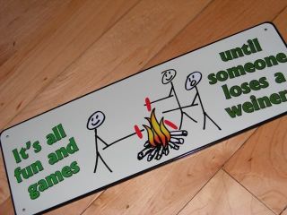 RUSTIC LODGE Camping Fire Fun Games Cooking Weiners Humorous Funny Tin