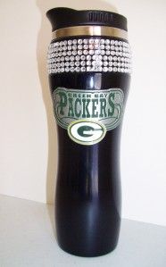 Green Bay Packers BLING NFL Black & Stainless Travel Tumbler Cup Mug