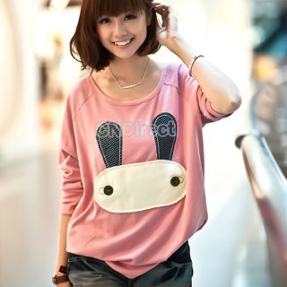 Girl Cartoon Rabbit Long Batwing Loose Embroidered Tops Pullover T