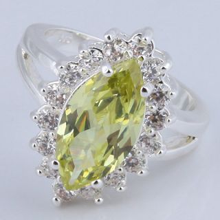  Apple Green Topaz Gemstone CZ Crystal Silver Ring Size 8 S240