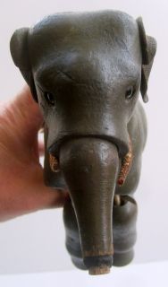 Old Antique SCHOENHUT Wood Elephant Glass Eyes Leather Ears, Tusks