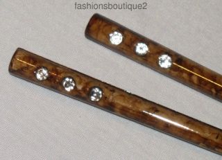 Set of 2 Glossy Marbleized Plastic Hair Sticks Clear Crystals Select