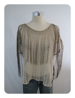 New Free People New Romantics Taupe Combo Crochet Fringe Sleeve Shirt