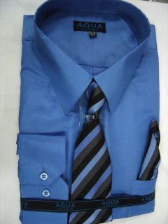 Mens French Blue Long Sleeve Dress Shirt with Matching Tie New Sizes