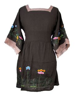 Cotton Gauze Dress with Floral Embroidery and Kimono Sleeves Size L