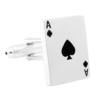 GAME PLAYING CARD ACE OF SPADES BLACK ENAMEL SILVER PLATED MEN SLEEVE