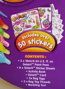 Pack includes 5 Gelarti paint pens, 8 Gelarti sticker sheets, marbling