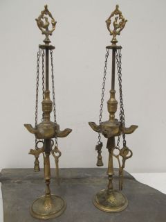 Asian Antique Brass Oil Lamps with Hanging Accessories