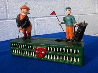 Cast Iron Mechanical Toy Coin Bank Birdie Putt, Golfer and Caddy