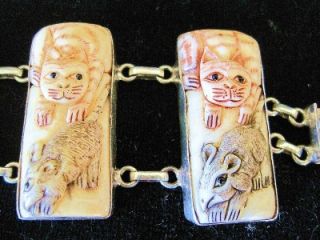  Ox Bone Sterling Cat Mouse Bracelet Unique Gift for Cat Lovers