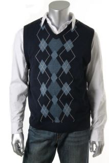 Geoffrey Beene New Navy Argyle Ribbed Trim V Neck Casual Sweater Vest