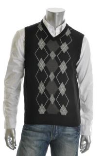 Geoffrey Beene NEW Black Argyle Front V Neck Sweater Casual Vest XL