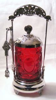 Ruby Red Glass Rose and Mirror Pickle Castor Set