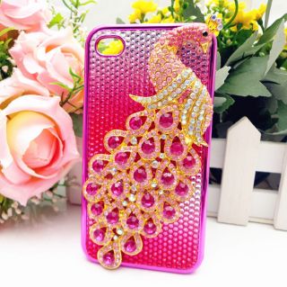 3D Rose Crystal Peacock Bling Color Leather Case Cover for iPhone 4 4s