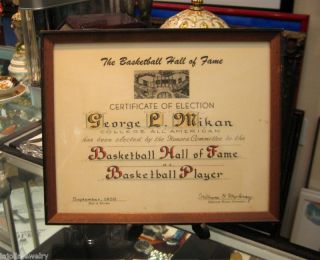 George Mikan Original College Hall of Fame Certificate