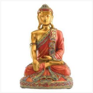 Seated Buddha Figurine Gold and Crimson Robes Statue