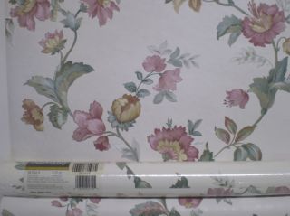 Pink & Gold Satin Flowers on Textured White Wallpaper by Sunworthy
